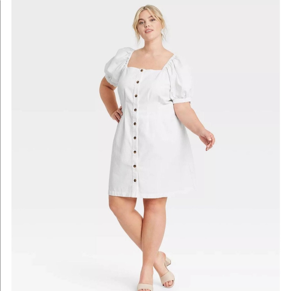 Who What Wear Puff Short Sleeve Denim Dress || White || Large || NWT 🐥